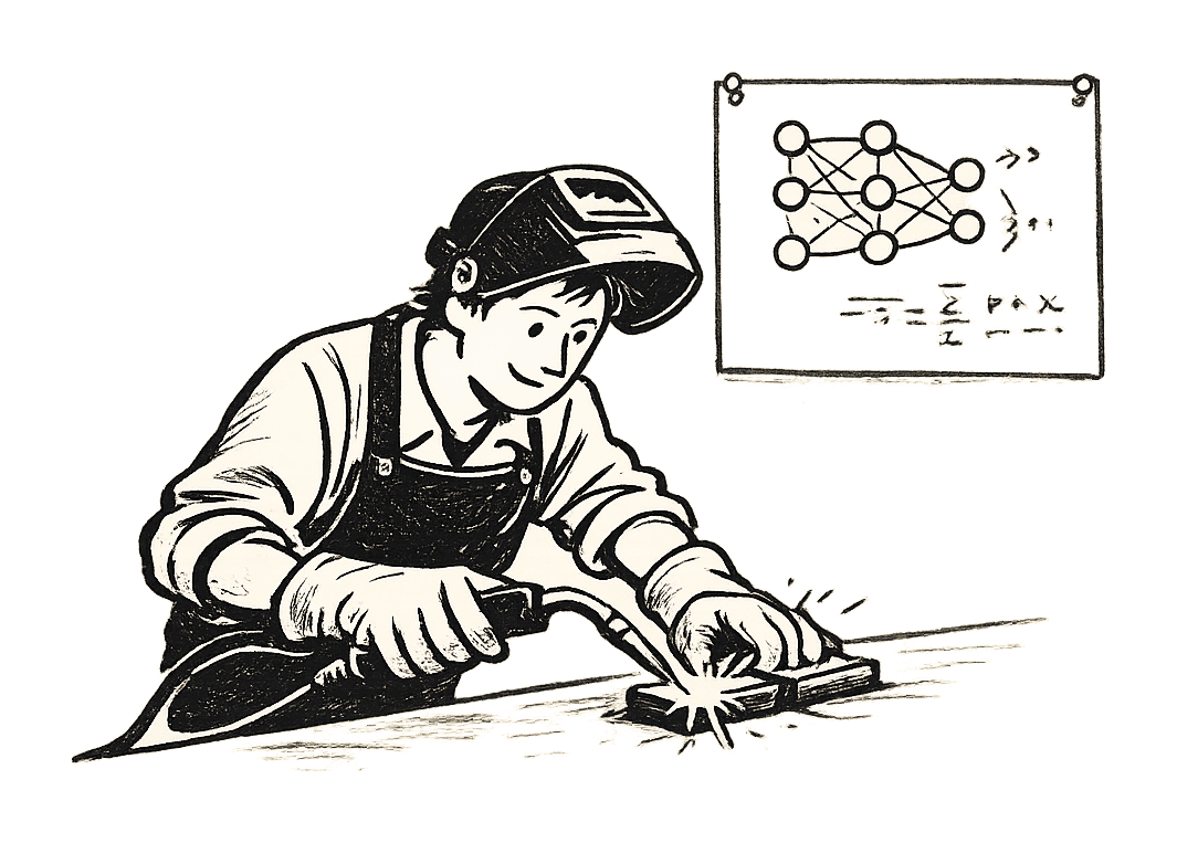 A welder at a workbench, mid-join, with a hand-drawn neural network diagram on the wall behind them