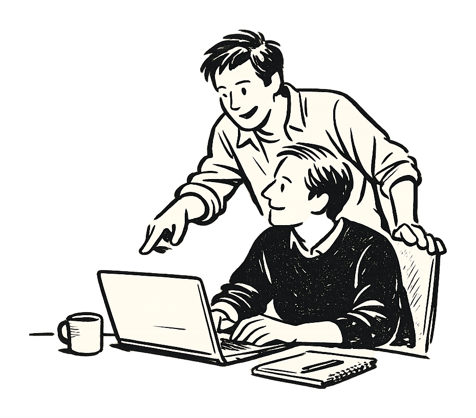 Three people gathered around a laptop, mid-conversation