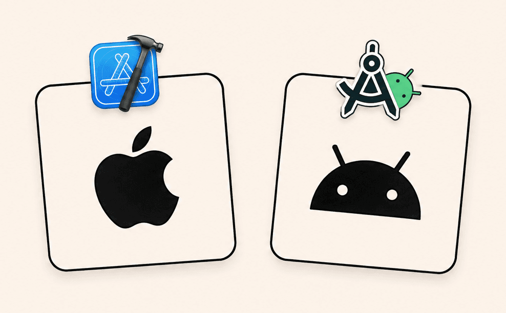 Two pinned cards with the Apple and Android logos, topped by the Xcode and Android Studio icons
